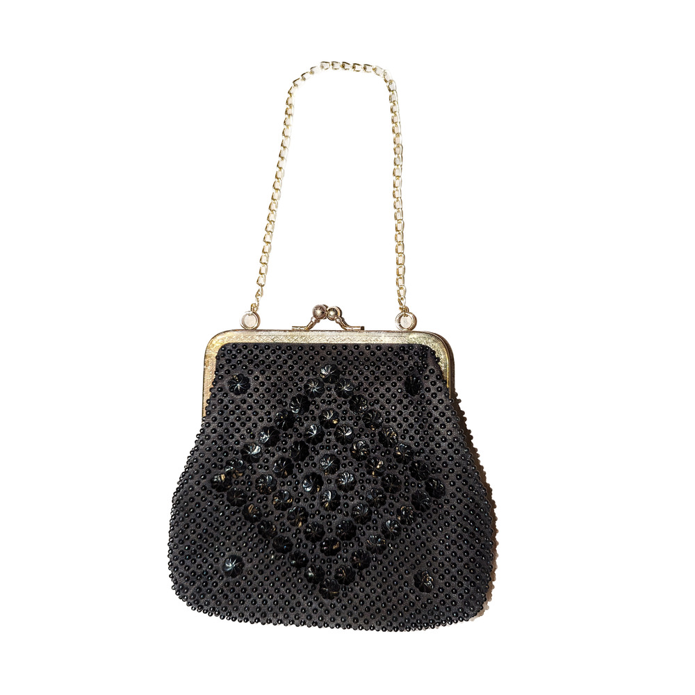 Vintage Handmade Beaded Clutch Purse Black Clip Closure